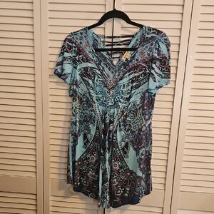 ONE WORLD Blue and Purple V-Neck Blouse
